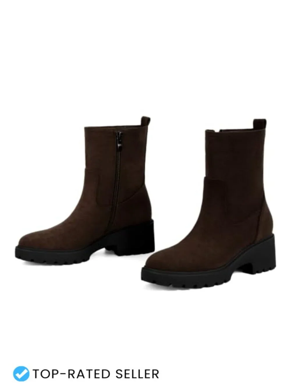 Women's Chunky Heel Ankle Boots Round Toe Faux Suede Lug Sole Zip